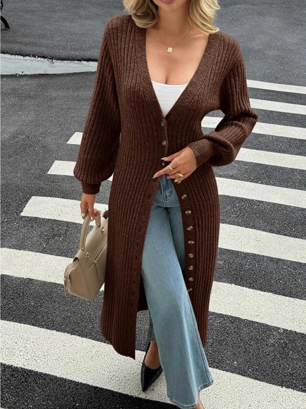 Long Ribbed Button-Front Knit Cardigan Dress - Chocolate Brown